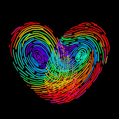Valentines day rainbow vector fingerprint heart sketch. Hand drawn outline illustration with human finger print in heart shape with whole spectrum colors - 132268202