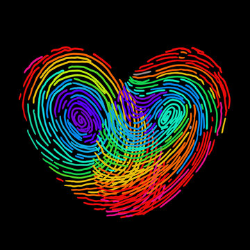 Valentines day rainbow vector fingerprint heart sketch. Hand drawn outline illustration with human finger print in heart shape with whole spectrum colors