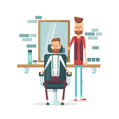 Confident barber expert. A young bearded man and a satisfied customer. Flat Vector illustration.