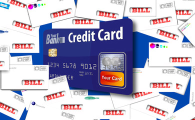 This is a generic, mock debit card  bursting out of an assortment of household bills in envelopes. Paying bills with your credit card? Pitfalls and problems involved.
