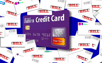 This is a generic, mock debit card  bursting out of an assortment of household bills in envelopes. Paying bills with your credit card? Pitfalls and problems involved.