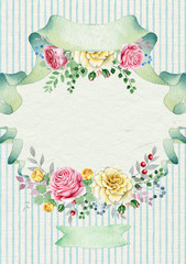Watercolor floral card with banner and rose bouquets