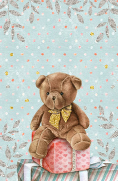 Cute Watercolor Teddy Bear with gift boxes