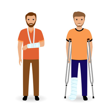 Disability people concept. Two smiling invalid men isolated on a white background.