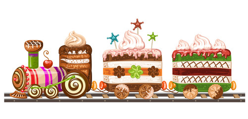 Train cake with cherry, chocolate and biscuits