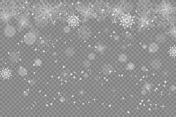Vector blank of transparent snowfall with snowflakes and radiance.