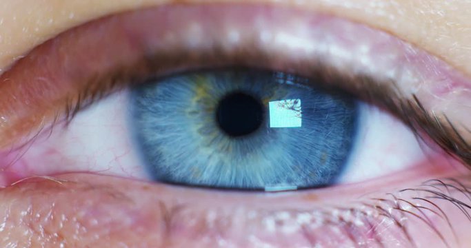 perfect blue eye macro in a sterile environment and perfect vision in resolution 6k,  concept, the vision of the future and healthy life concept. view precise and straight to the target.