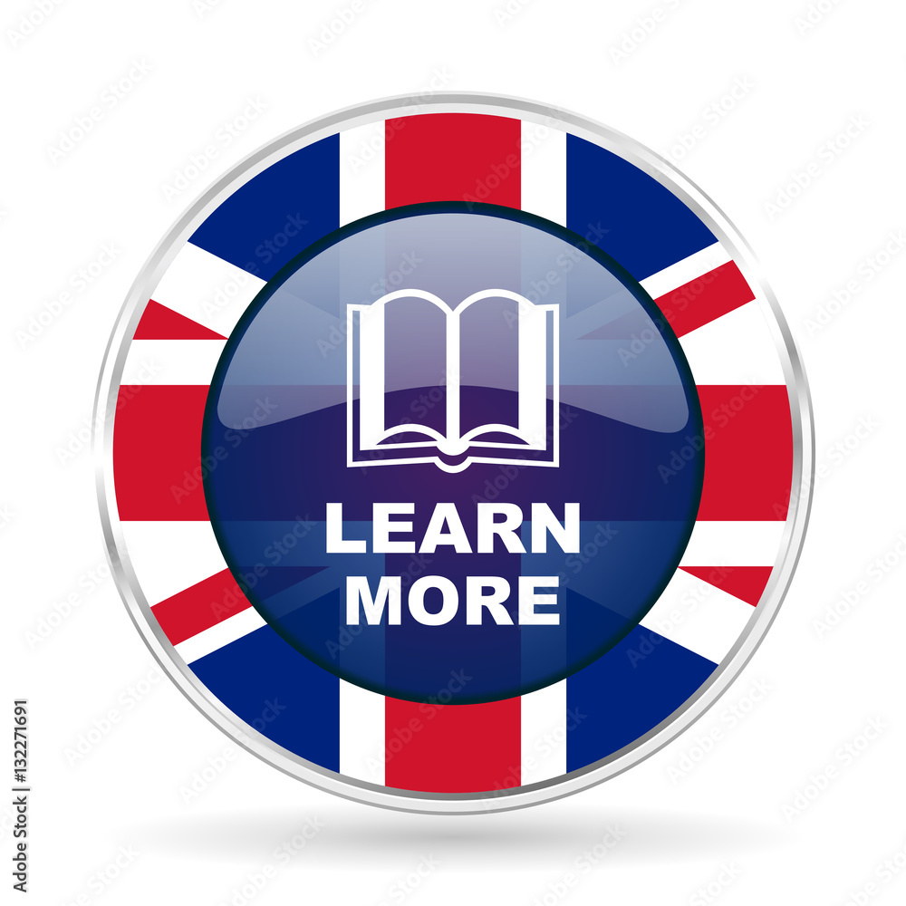 Aufkleber learn more british design icon - round silver metallic border button with great britain flag