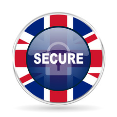 secure british design icon - round silver metallic border button with Great Britain flag
