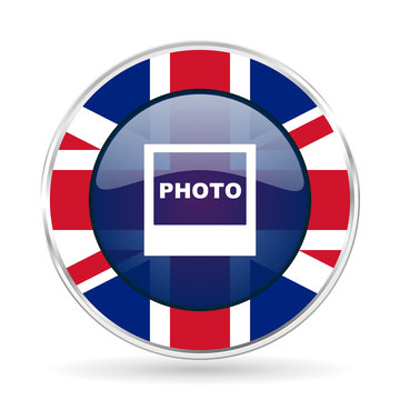 photo british design icon - round silver metallic border button with Great Britain flag