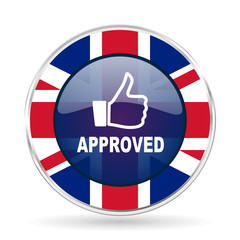 approved british design icon - round silver metallic border button with Great Britain flag