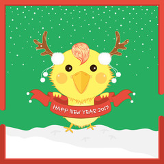 Cartoon Christmas Chicken Antler Happy New Year 2017 Vector Illu