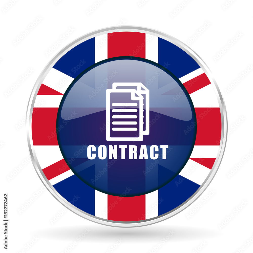 Poster contract british design icon - round silver metallic border button with Great Britain flag