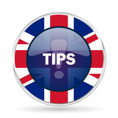 tips british design icon - round silver metallic border button with Great Britain flag