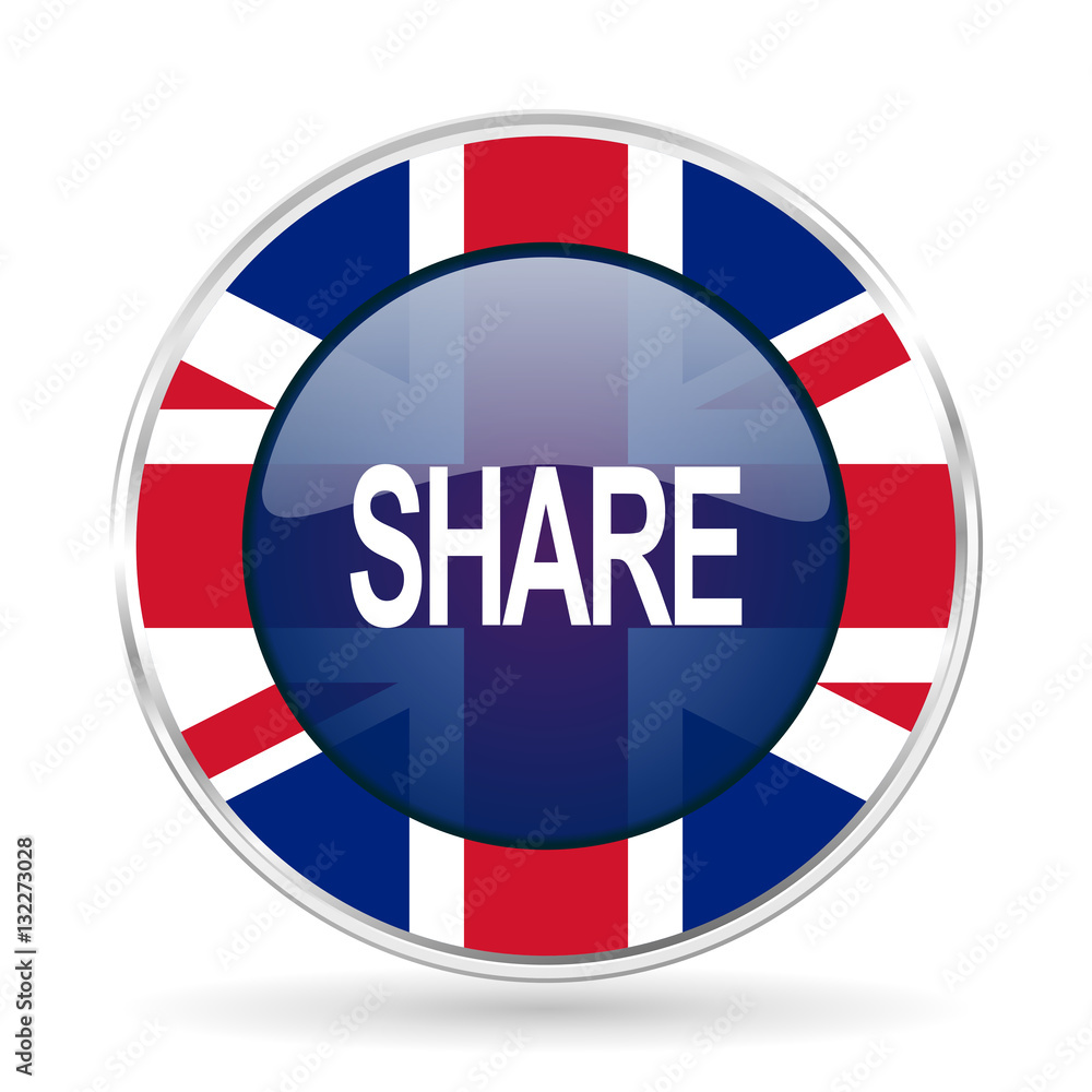 Poster share british design icon - round silver metallic border button with great britain flag