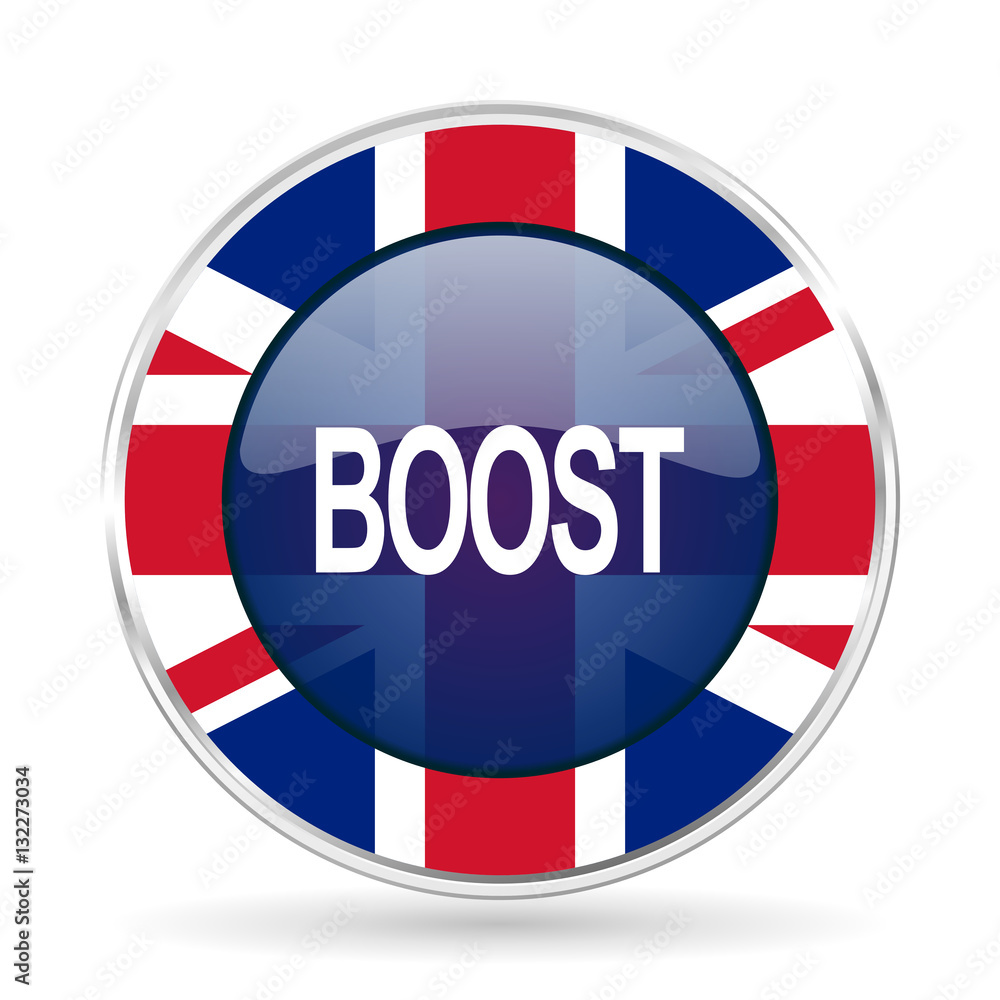 Poster boost british design icon - round silver metallic border button with great britain flag