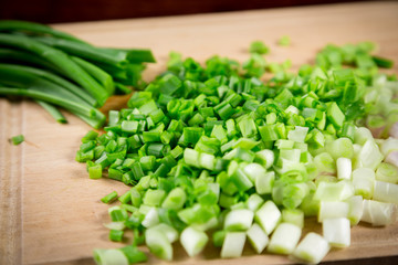 Closeup of sliced green onion, soft focus