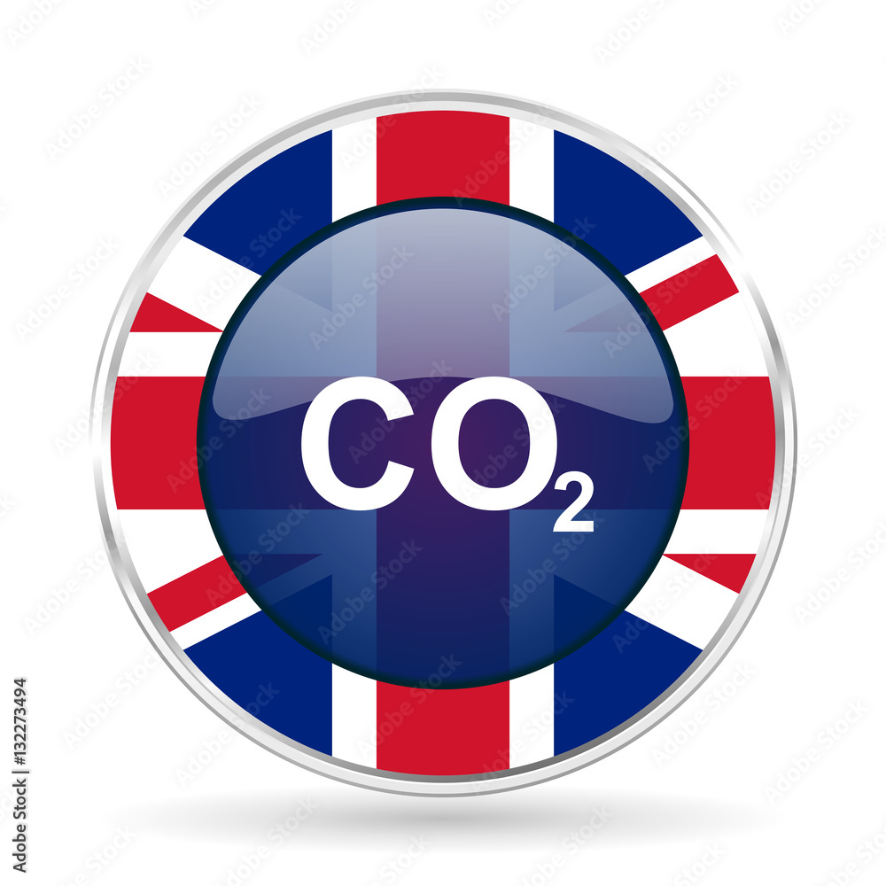 Poster carbon dioxide british design icon - round silver metallic border button with great britain flag