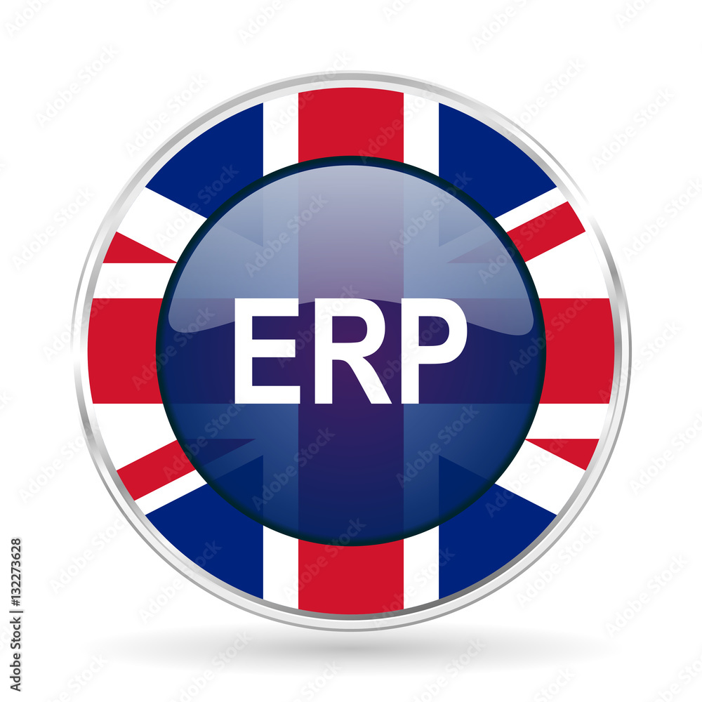 Poster erp british design icon - round silver metallic border button with great britain flag