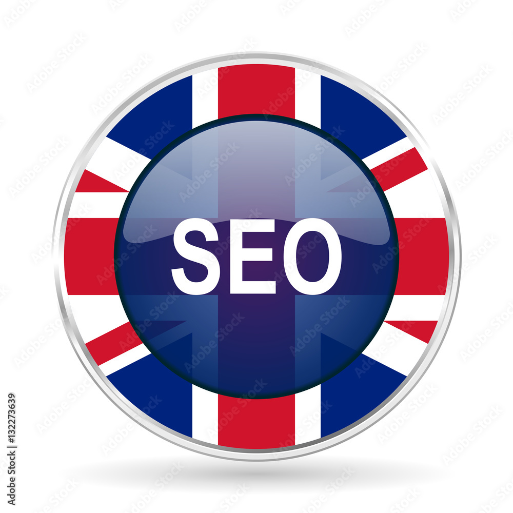 Poster seo british design icon - round silver metallic border button with great britain flag