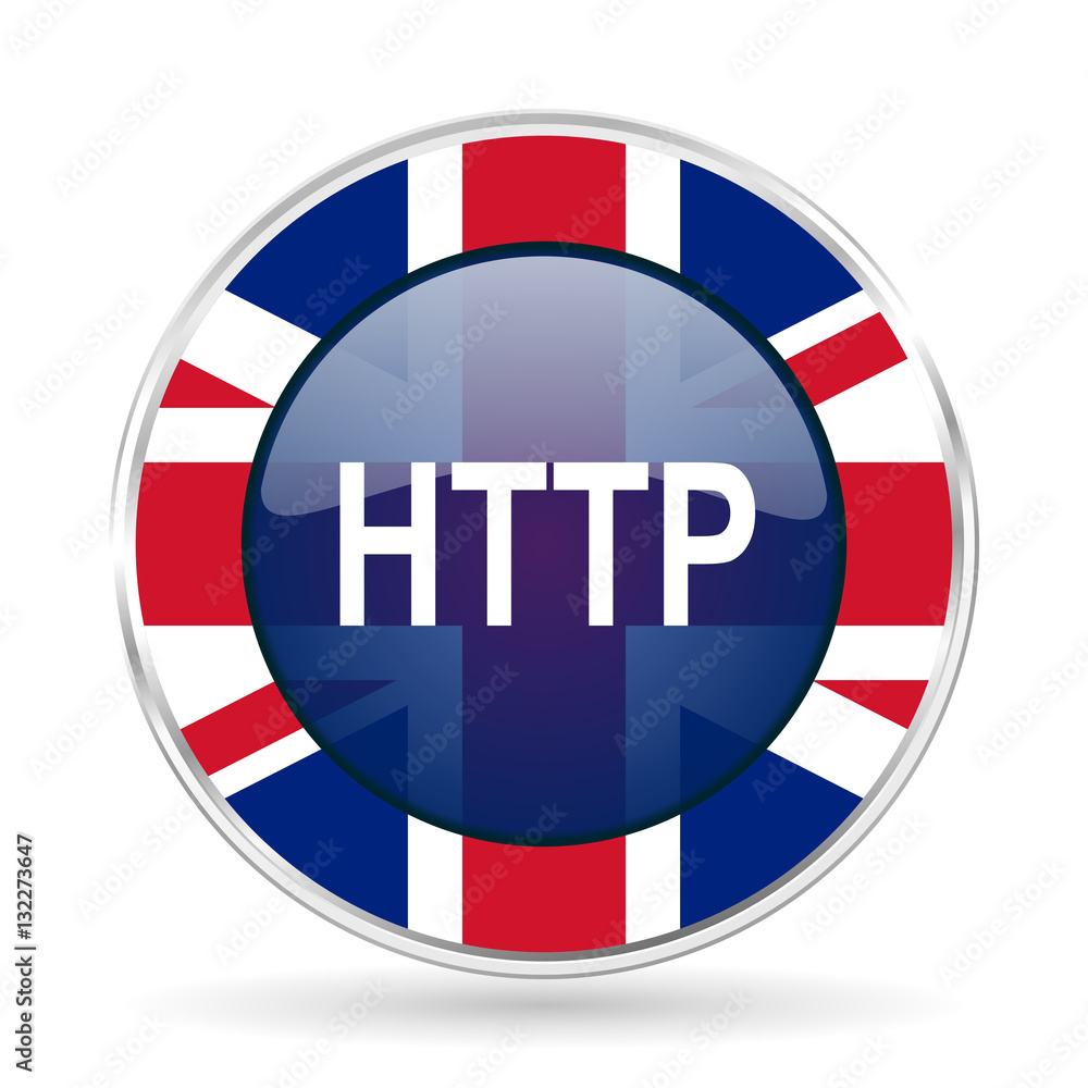 Poster http british design icon - round silver metallic border button with great britain flag