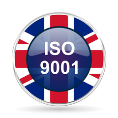 iso 9001 british design icon - round silver metallic border button with Great Britain flag