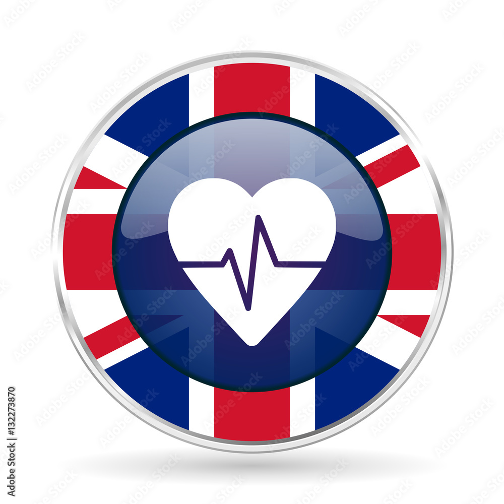 Poster pulse british design icon - round silver metallic border button with great britain flag