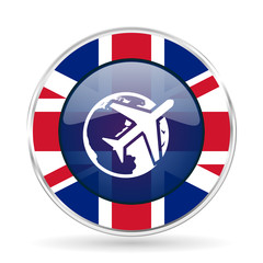 Obraz premium travel british design icon - round silver metallic border button with Great Britain flag