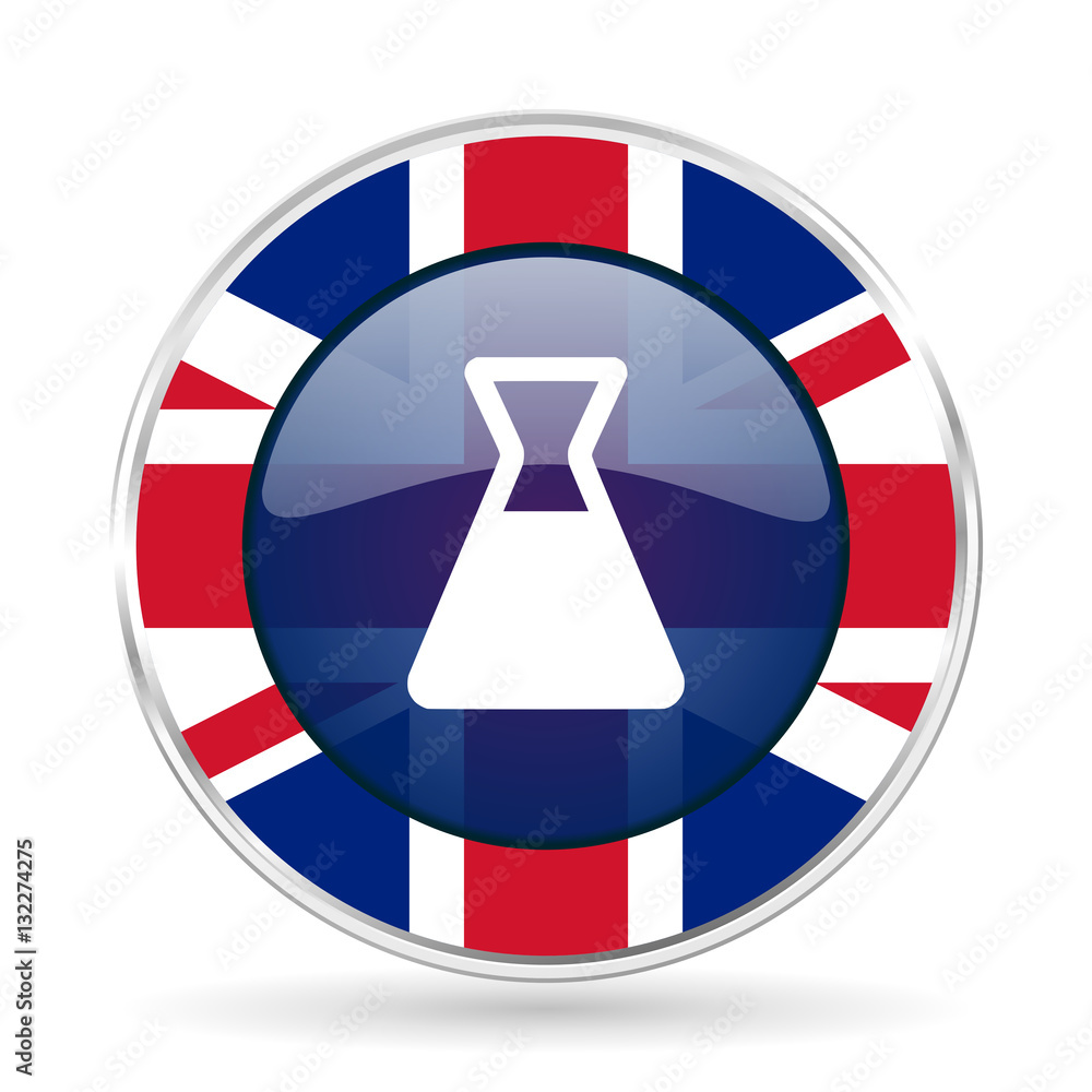 Poster laboratory british design icon - round silver metallic border button with great britain flag
