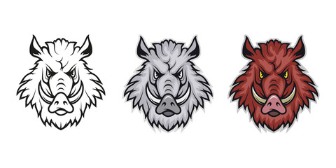 Wild Boar, isolated on white background, colour and black white illustration, suitable as logo or team mascot