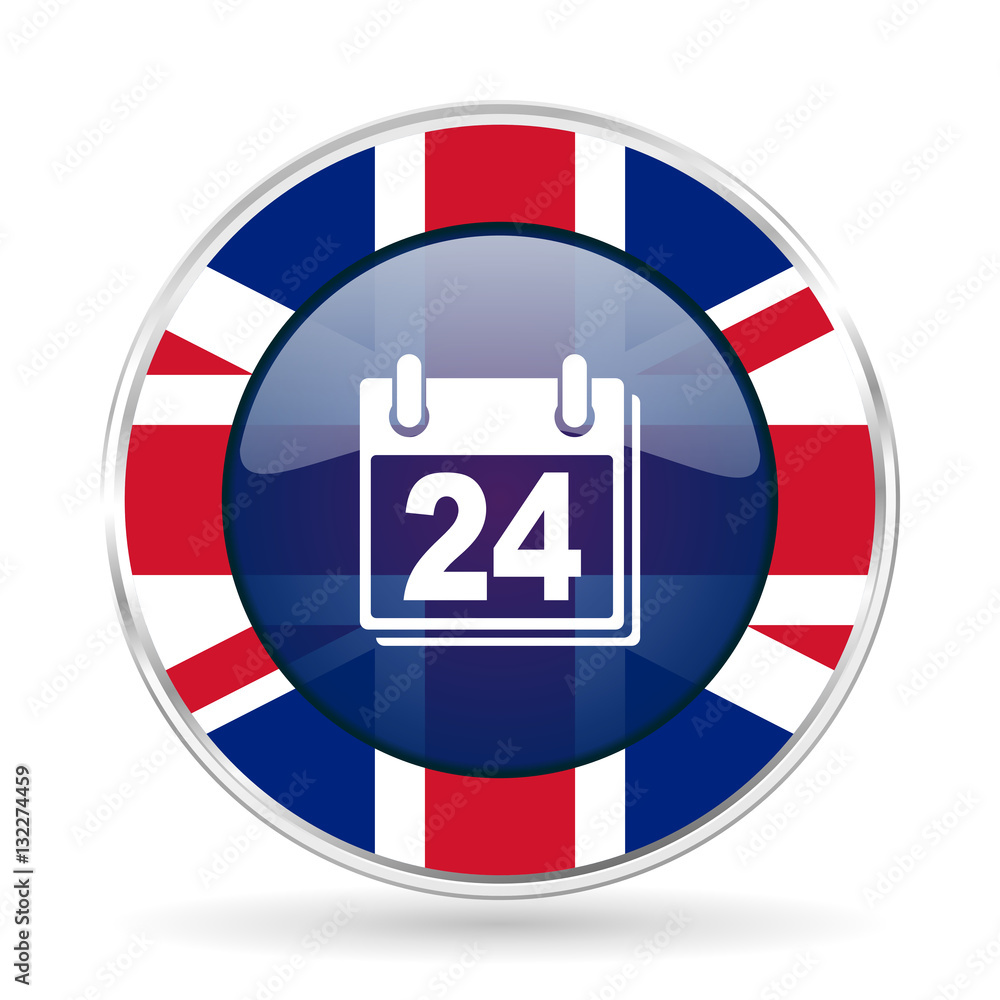 Poster calendar british design icon - round silver metallic border button with great britain flag