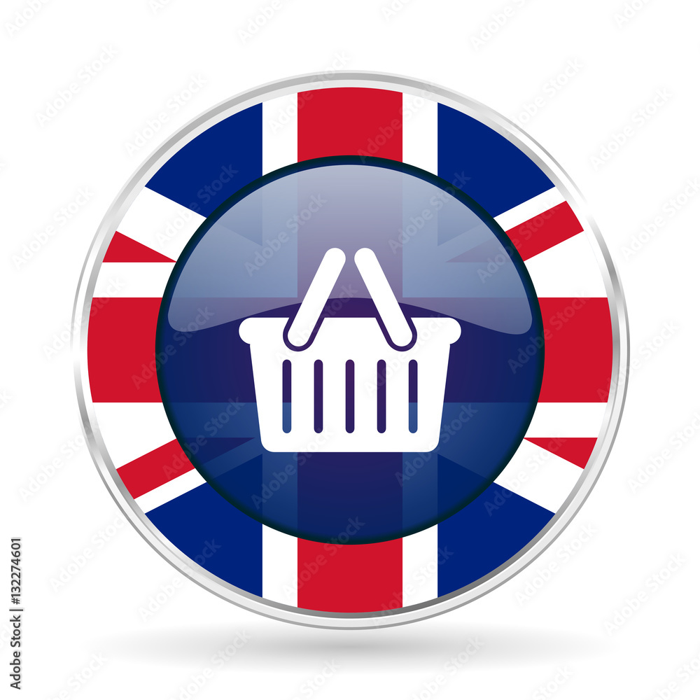 Poster cart british design icon - round silver metallic border button with great britain flag