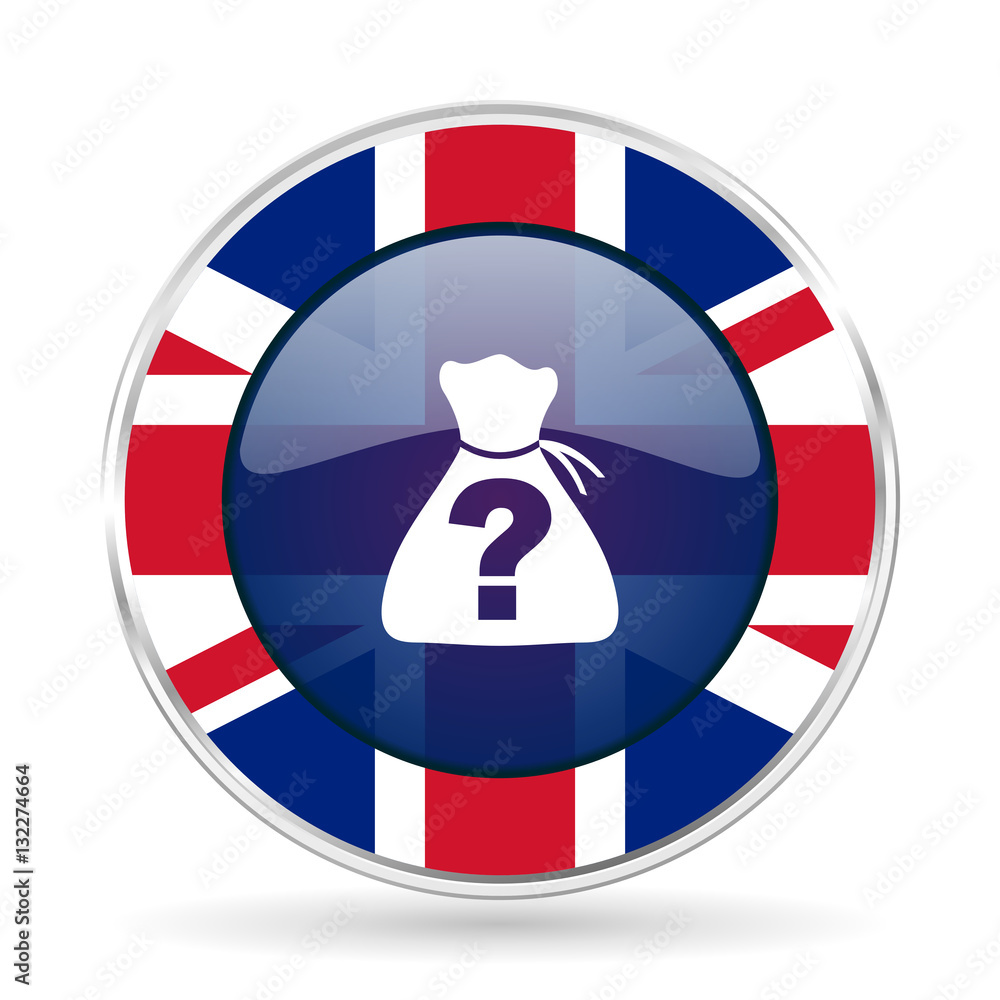 Poster riddle british design icon - round silver metallic border button with great britain flag