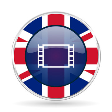 movie british design icon - round silver metallic border button with Great Britain flag