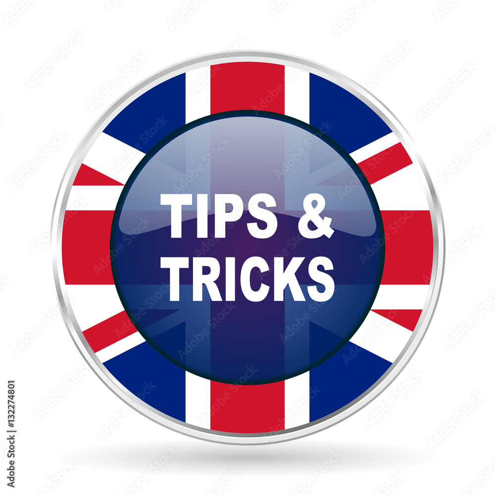 Aufkleber tips tricks british design icon - round silver metallic border button with Great Britain flag