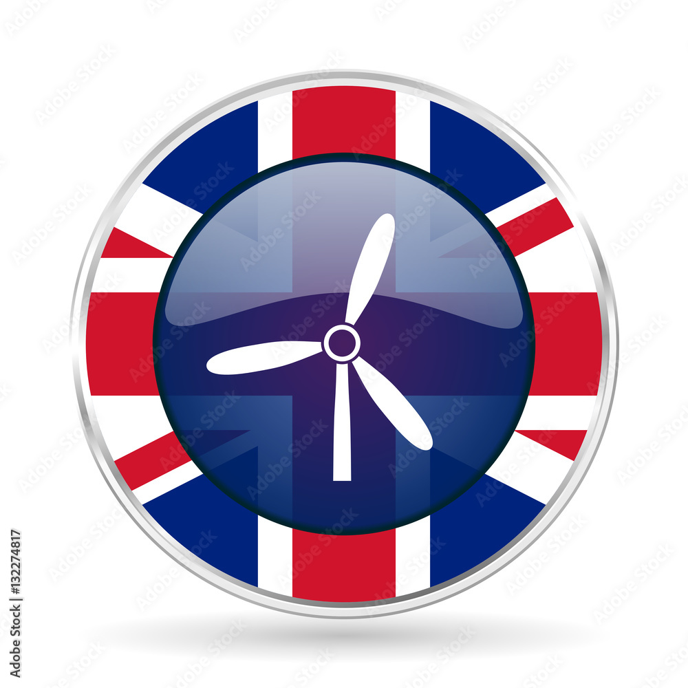 Poster windmill british design icon - round silver metallic border button with great britain flag