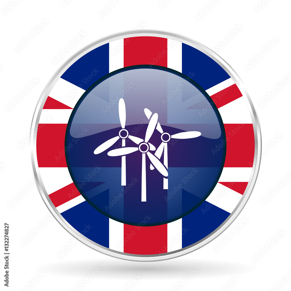 Poster windmill british design icon - round silver metallic border button with great britain flag