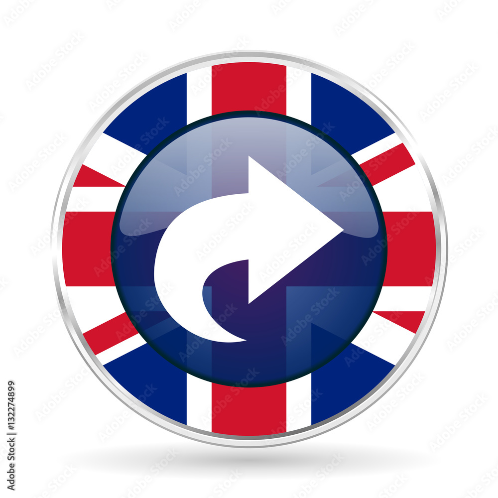 Poster next british design icon - round silver metallic border button with Great Britain flag