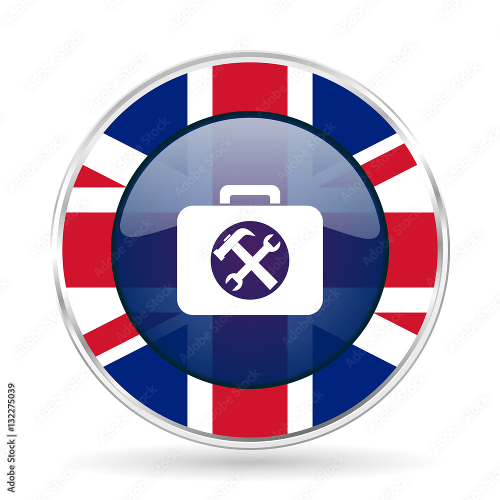 Poster toolkit british design icon - round silver metallic border button with Great Britain flag