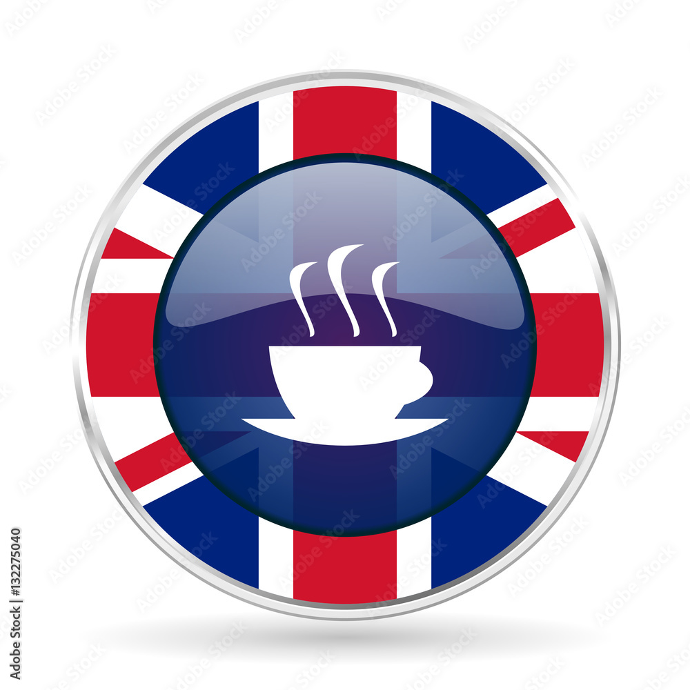 Poster espresso british design icon - round silver metallic border button with great britain flag