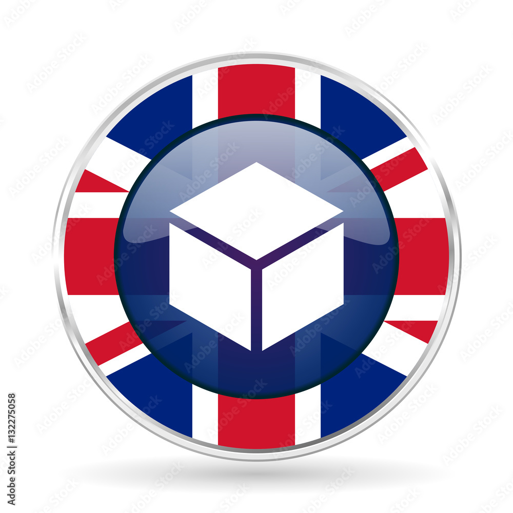 Poster box british design icon - round silver metallic border button with great britain flag