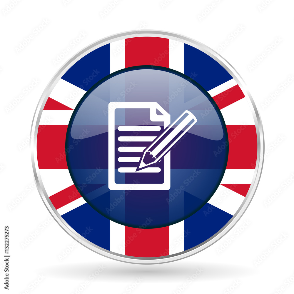 Poster subscribe british design icon - round silver metallic border button with great britain flag