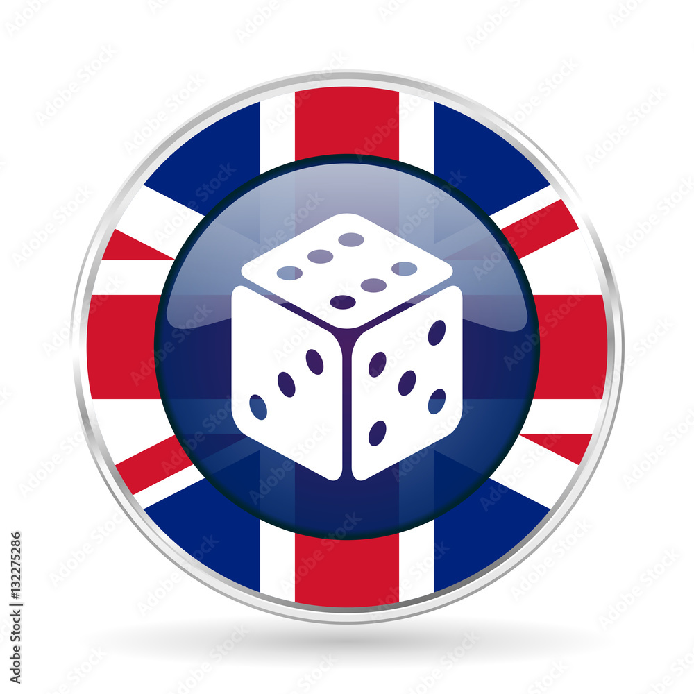 Poster game british design icon - round silver metallic border button with great britain flag