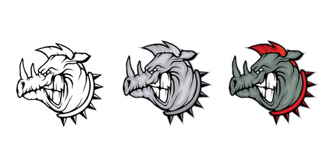 Rhino, isolated on white background, colour and black white illustration, suitable as logo or team mascot