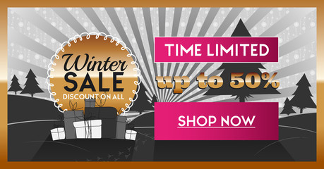 Winter sale social network banner pink, gold and black with snow background, snowflakes, tree and discount.