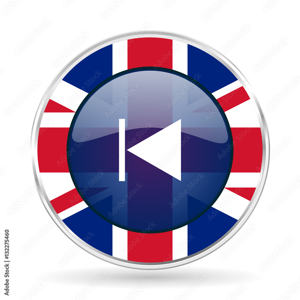 Poster prev british design icon - round silver metallic border button with great britain flag