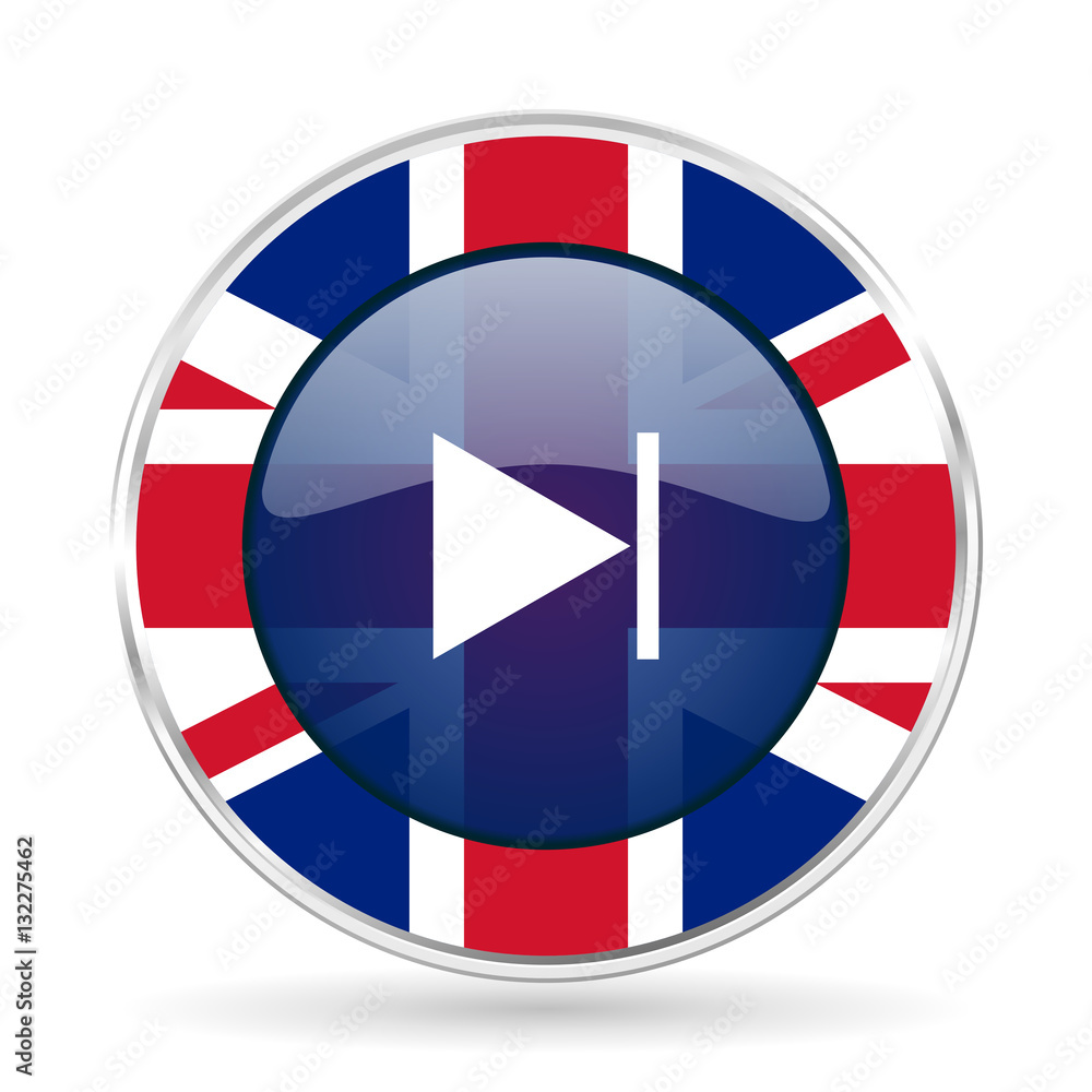 Poster next british design icon - round silver metallic border button with great britain flag