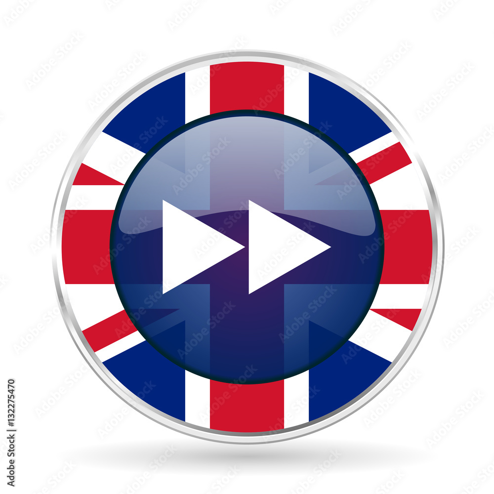 Poster rewind british design icon - round silver metallic border button with great britain flag