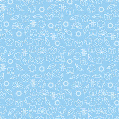 Line icons seamless pattern vector. Blue line sheep lily clouds leaves etc