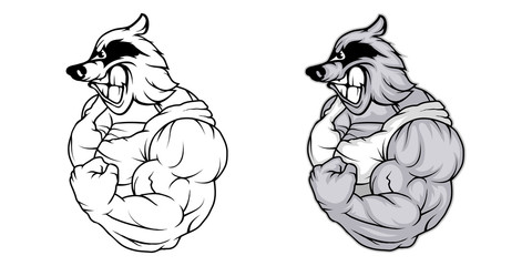 Raccoon, isolated on white background, colour and black white illustration, suitable as logo or team mascot